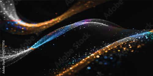 Abstract background with colorful sparkling particles and wavy light streams on black with digital art with abstract shape