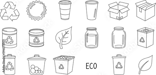 Collection of eco-friendly recycling and waste management icons in a clean line art style