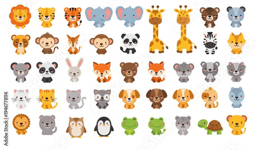 Big cute cartoon animals vector set with lion tiger elephant giraffe panda fox rabbit dog owl penguin kids flat characters isolated on white