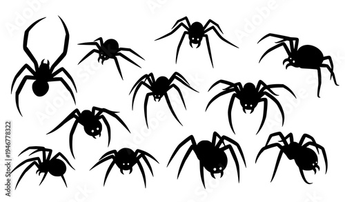 Spooky Halloween spider silhouette collection with multiple spider poses vector set