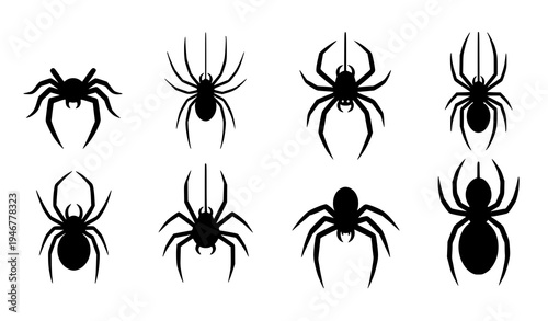 Halloween spider silhouette set with various crawling spider shapes vector illustration