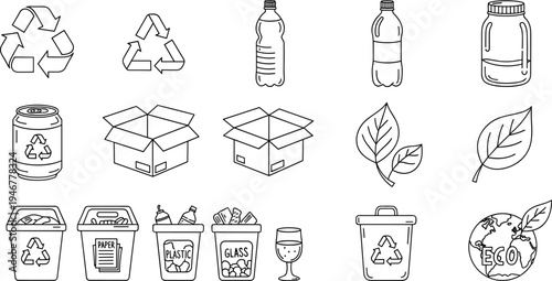 Collection of recycling and eco-friendly icons for waste management and sustainability