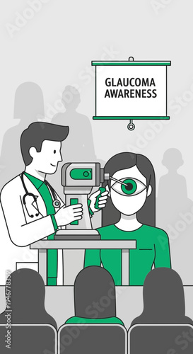 Medical Professional Explaining Glaucoma Awareness To Patient And Audience In Visual Illustration