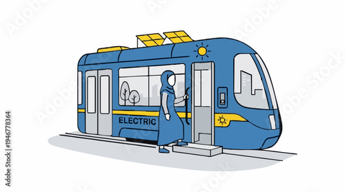 Modern Blue Electric Tram With Yellow Accents And Solar Panels On Roof Stopping At Station With Passenger Boarding
