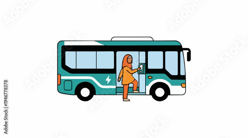 Person in orange jumpsuit boarding a teal and white electric bus with a lightning bolt symbol on its side on a white background illustration
