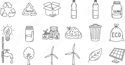 Collection of hand-drawn icons representing environmental sustainability and eco-friendly practices