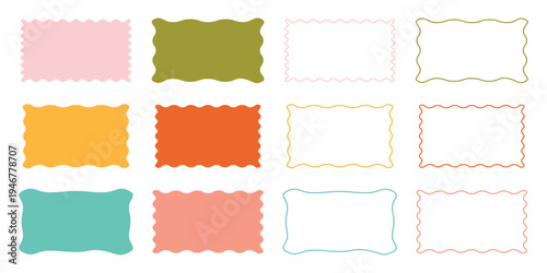 Color rectangle frames with wiggly borders. Different wavy shapes with squiggly edge border. Set of Zigzag wavy edges, rectangles, photo frames, text boxes, labels. Scallop frame set.