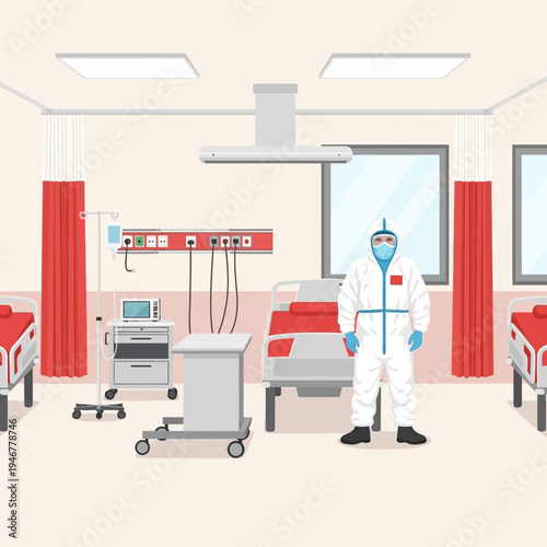 Medical Professional in Full Protective Gear Standing in a Hospital Room, Isolated Vector