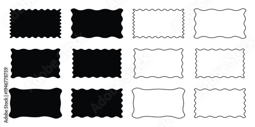 Color rectangle frames with wiggly borders. Different wavy shapes with squiggly edge border. Set of Zigzag wavy edges, rectangles, photo frames, text boxes, labels. Scallop frame set.