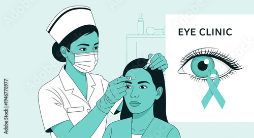 Medical Professional Performing Eye Care Procedure With Clinic Emblem And Patient