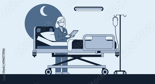 Medical Professional Performing Nightly Rounds While Monitoring a Patient in Hospital Bed