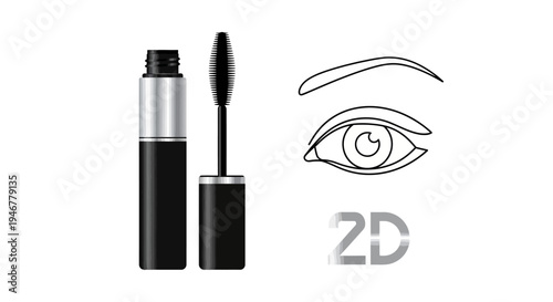 Black mascara tube with applicator and eye illustration.
