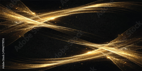 Golden glowing abstract wave lines on dark background with sparkle particles. elegant modern design element for luxury concepts with golden waves with black background