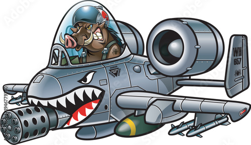 Cartoon style warthhog pilot flying fighter aircraft                                                        