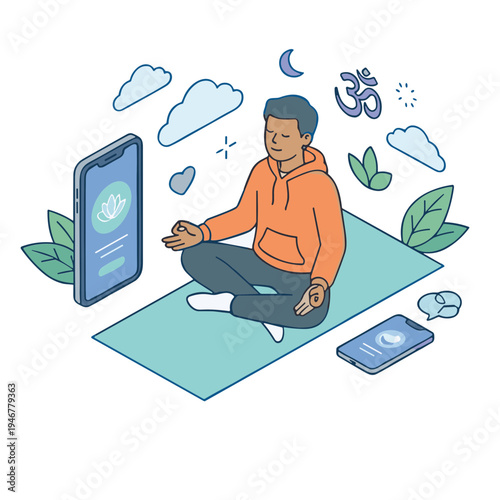 Man meditates on yoga mat with smartphone and tablet nearby outdoors