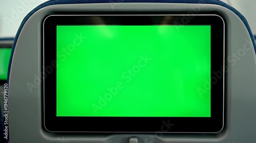 Airplane seat entertainment screen with green display.