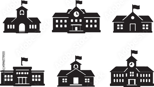 different school building with flags icon silhouettes vector