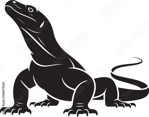 Black Silhouette Komodo Dragon Reptile Standing on White Background