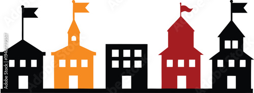 different school building with flags icon silhouette vector