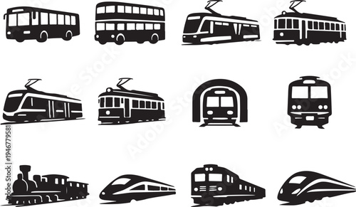 diverse public transportation icons collection including buses trams and trains silhouette vector