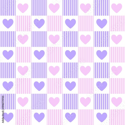Seamless checkered pattern with pastel pink and purple hearts. Sweet vertical stripes background, perfect for romantic, kawaii, and baby shower stationery or textile design
