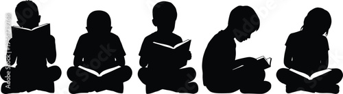 Children reading book silhouettes, kids sitting reading collection, childhood education learning vector silhouettes isolated illustration set design bundle