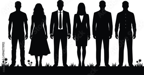Business people silhouettes standing group, men and women professional team set, corporate characters vector silhouettes isolated illustration bundle
