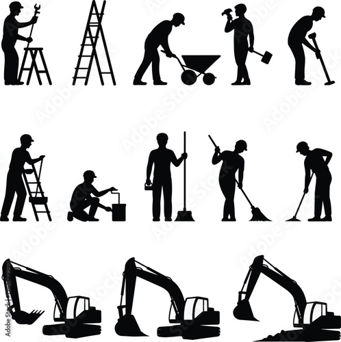 Construction workers silhouettes collection, builder labor and excavator machinery set, industrial work vector silhouettes isolated illustration bundle