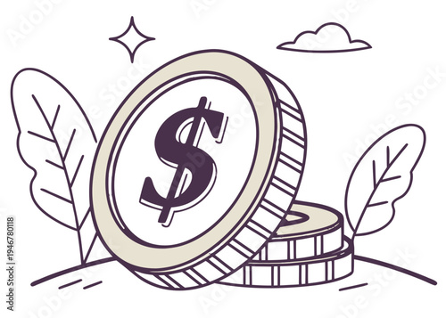 A dollar sign symbol with a stack of coins and a leaf on a white background isolated on transparent background, isolated on white background, Vector