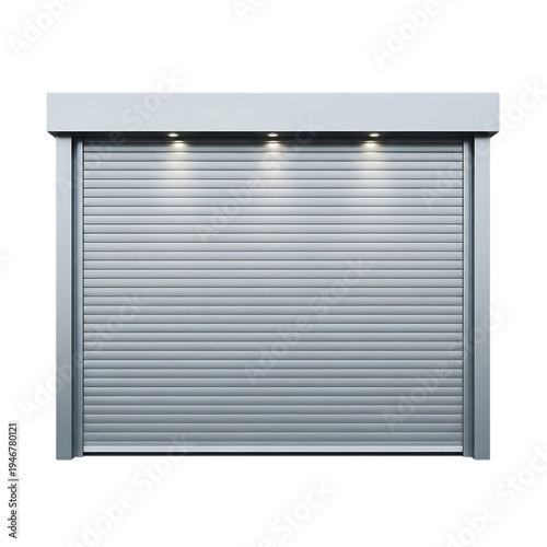 A large metal roll up garage door with three small lights