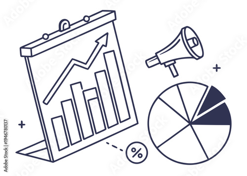 A graphic illustration of a business chart with a megaphone and pie chart isolated on transparent background, isolated on white background, Vector