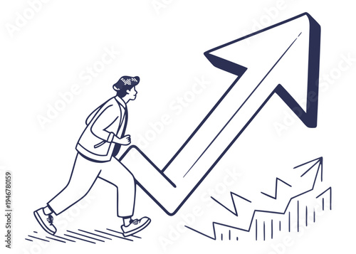 A man pushing a large arrow symbolizing growth and progress upwards isolated on transparent background, isolated on white background, Vector