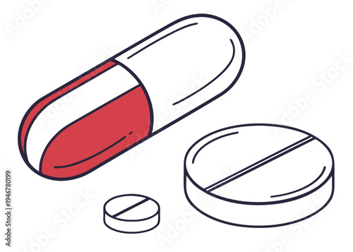 A close-up view of a white and red pill, a tablet, and a capsule on a surface isolated on transparent background, isolated on white background, Vector