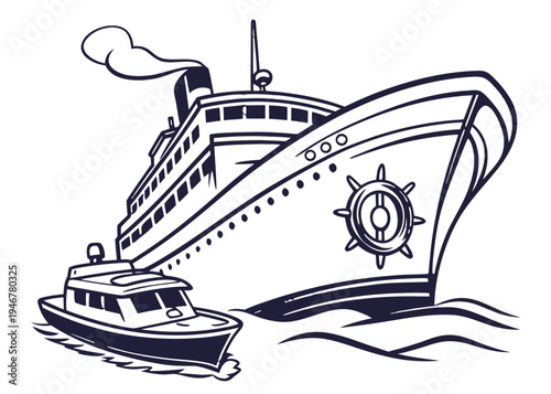 A detailed illustration of a large cruise ship sailing on calm waters with a seagull flying nearby isolated on transparent background, isolated on white background, Vector