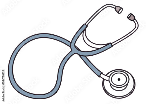 A detailed illustration of a stethoscope with a silver chest piece and black tubing isolated on transparent background, isolated on white background, Vector