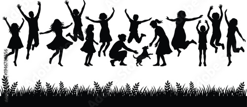 Happy children jumping silhouettes outdoor play, kids jumping collection, joyful childhood activity vector silhouettes isolated illustration design bundle