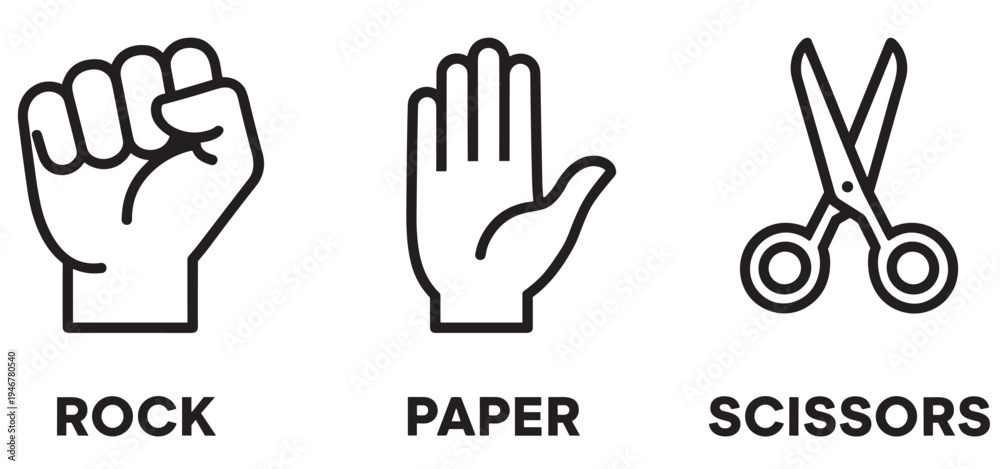 Obraz premium rock paper scissors hand gesture icon set with outline symbols of game signs isolated on transparent background