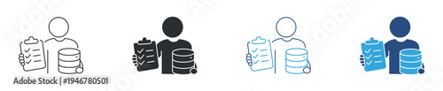 Database management professional icon set. Data administrator with checklist and server concept. Information management technology symbol. Line, solid and color style. Vector illustration.
