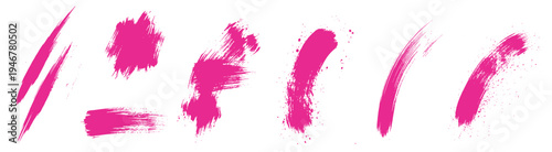 pink paint brush stroke collection, grunge ink brushstroke textures and abstract paint splashes for design elements isolated on transparent background
