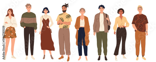 Set of Diverse Young People Standing in a Row with Casual Outfits and Modern Fashion Style