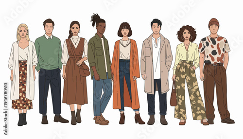 Set of Diverse Young People Standing in a Row with Casual Outfits and Modern Fashion Style