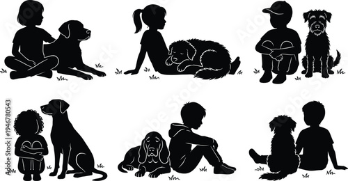 Kids with dogs silhouettes collection, children and pet friendship set, boy girl with puppy vector silhouettes isolated illustration