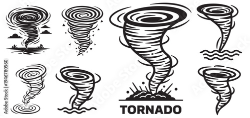 tornado weather icon set with spiral wind vortex, cyclone storm funnel and twister silhouettes isolated on transparent background
