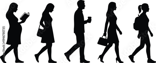 People walking silhouettes collection, business woman man walking set, urban lifestyle characters vector silhouettes isolated illustration design bundle