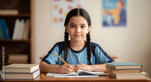 Young girl sitting at desk with books writing in notebook, student studying in classroom with pencil and paper, education background