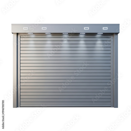 A large metal garage door with four lights on top