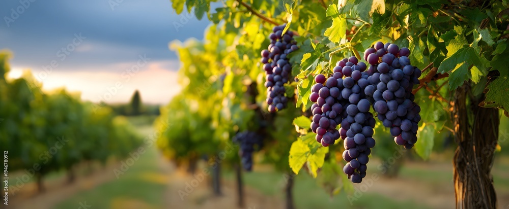 Fototapeta premium The lush vineyard glows with ripe grapes basking in the gentle afternoon sun warmth