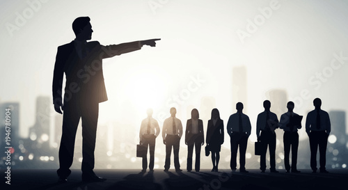 Leader pointing direction to team silhouette against city skyline at sunrise