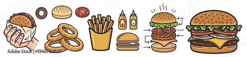 burger and fast food illustration set with hamburger ingredients, cheeseburger sandwich, fries, ketchup and mustard sauce bottles isolated on transparent background