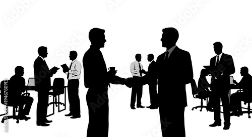 Businessmen shaking hands in a meeting, silhouette of office workers collaborating, teamwork and success concept